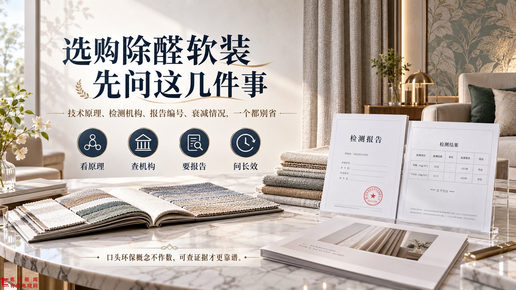 这张家居场景图展示了环保软装的选购指南。大理石桌面上摆放着打开的软装布料样品册和叠放织物,右侧立着甲醛及TVOC检测报告,强调“看原理、查机构、要报告、问长效”
