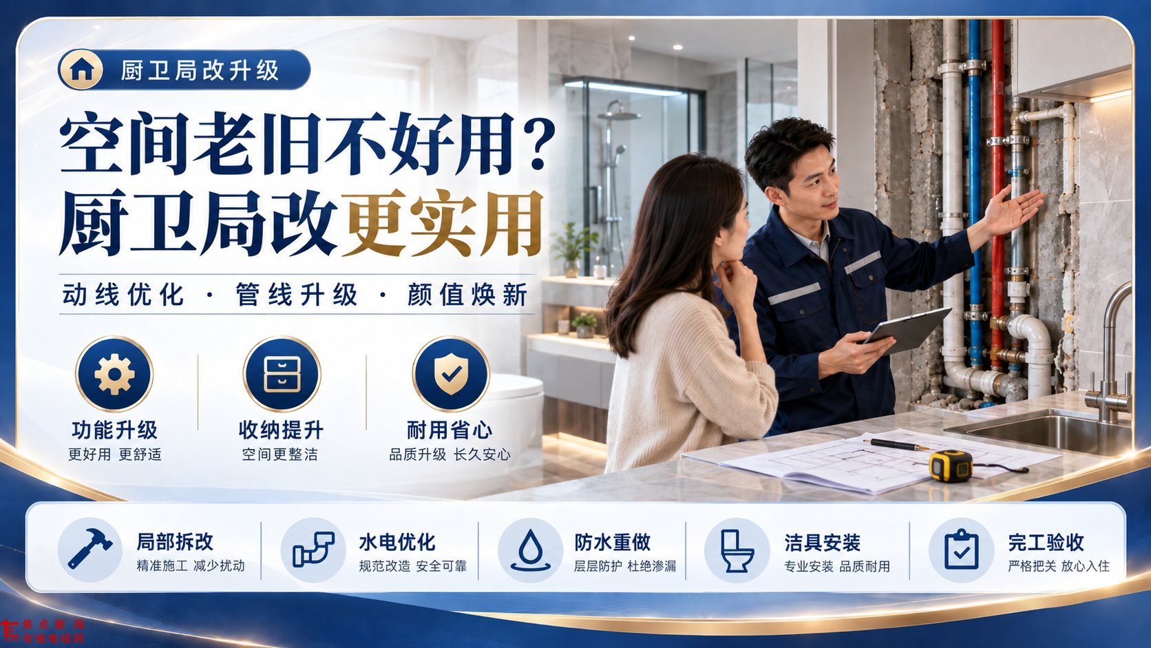 这是一张厨卫局改升级服务的宣传海报。画面右侧展示了身穿工装的师傅正手持平板,向业主讲解墙面裸露的红蓝水电管线改造方案,桌面上摆放着设计图纸与卷尺。左侧背景呈现出