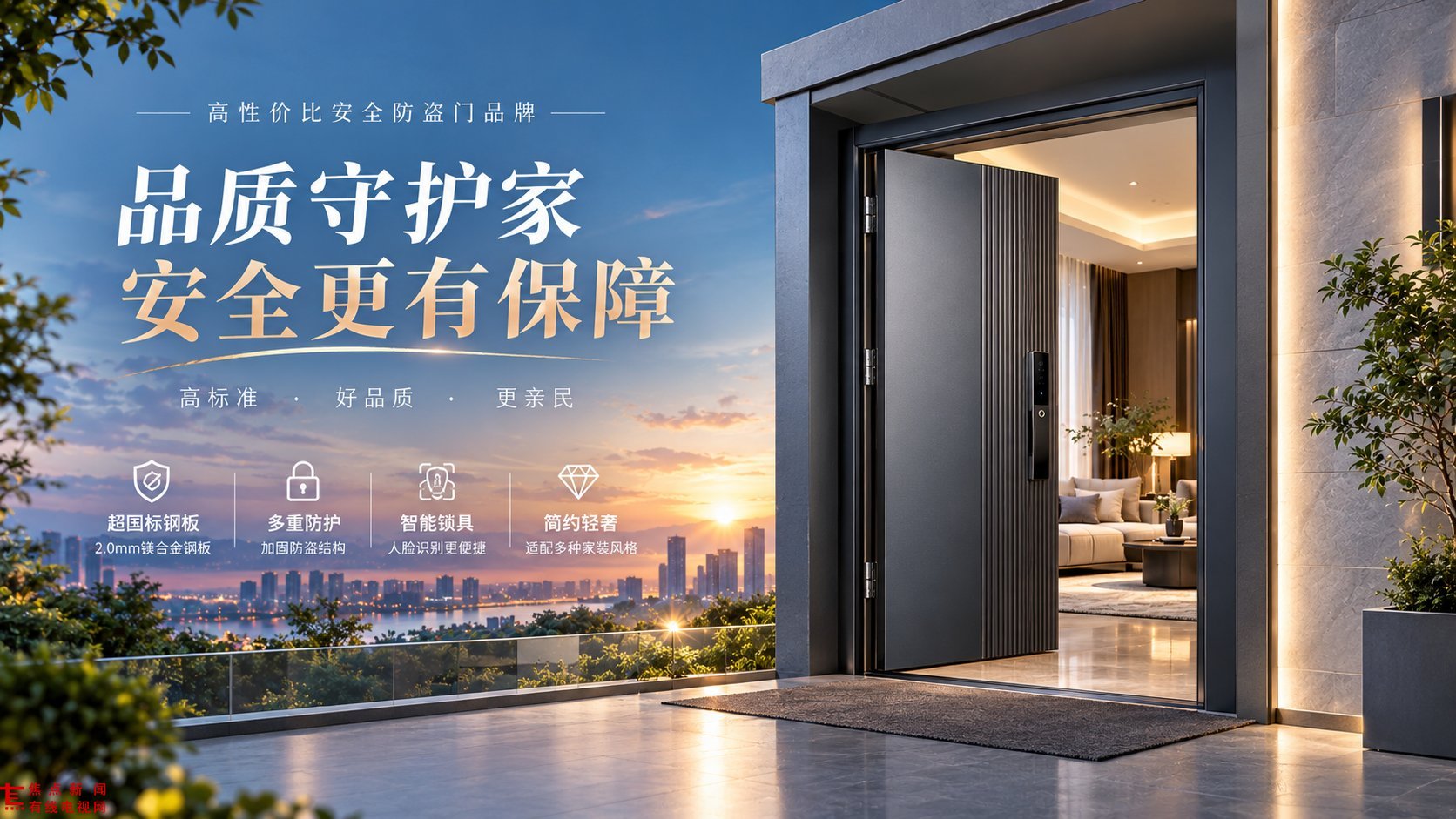 简约轻奢风格入户防盗门展示图,深灰色门体采用2.0mm镁合金钢板,配备人脸识别智能锁具,门扇饰有竖条纹细节。透过开启的门可见温馨客厅与城市夕阳景观,强调超国标材