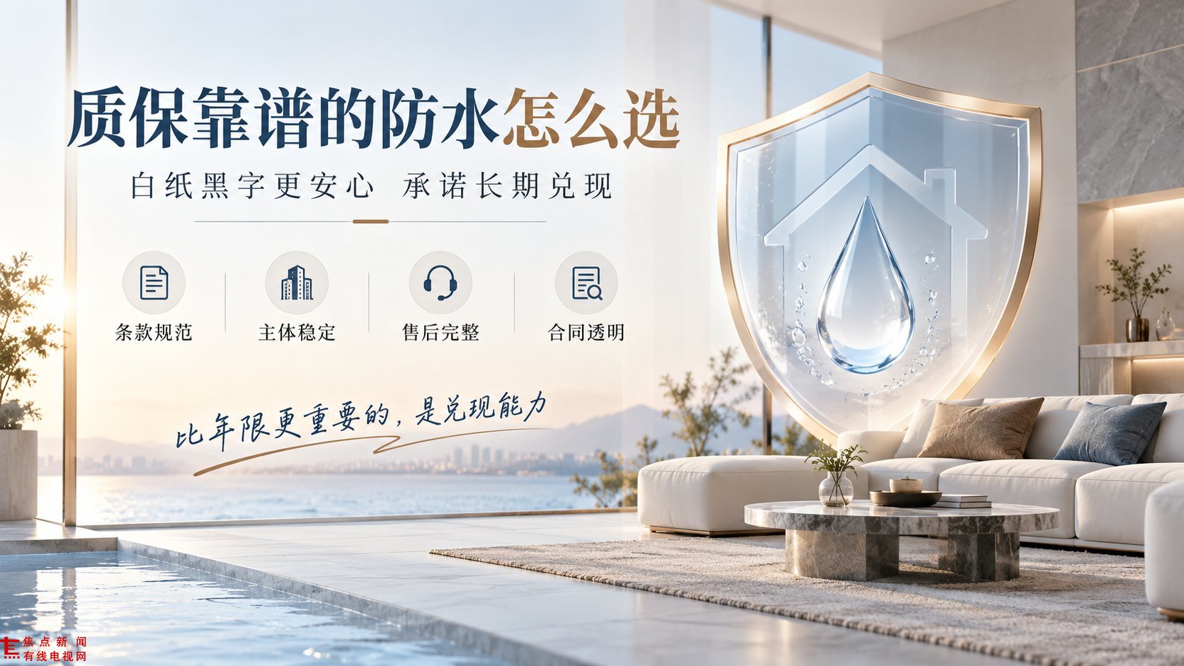 现代简约风格的客厅背景下,展示防水服务选择指南。画面右侧巨大的透明盾牌包裹着房屋与水珠,象征强力防护。左侧醒目大标题“质保靠谱的防水怎么选”,并列展示“条款规范