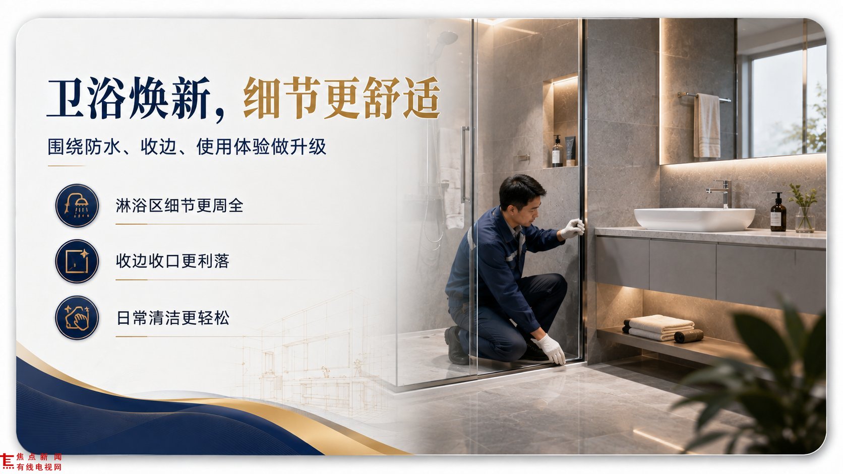 现代简约风格浴室场景,身穿蓝色工装的工人正蹲地精细安装淋浴房玻璃隔断,展现专业施工细节。画面左侧突出“卫浴焕新,细节更舒适”主题,强调围绕防水、收边及使用体验全