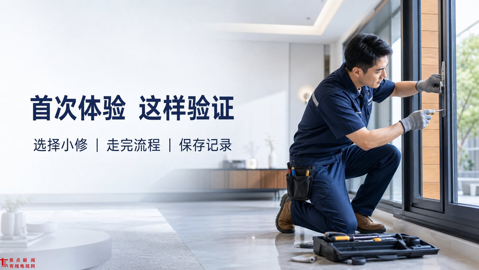 现代简约客厅背景下，身穿深蓝色工装的维修师傅正蹲地检修黑色边框落地窗，手持螺丝刀专注操作五金件，身旁放置黑色工具箱，展现专业门窗维修服务，配合“首次体验 这样验