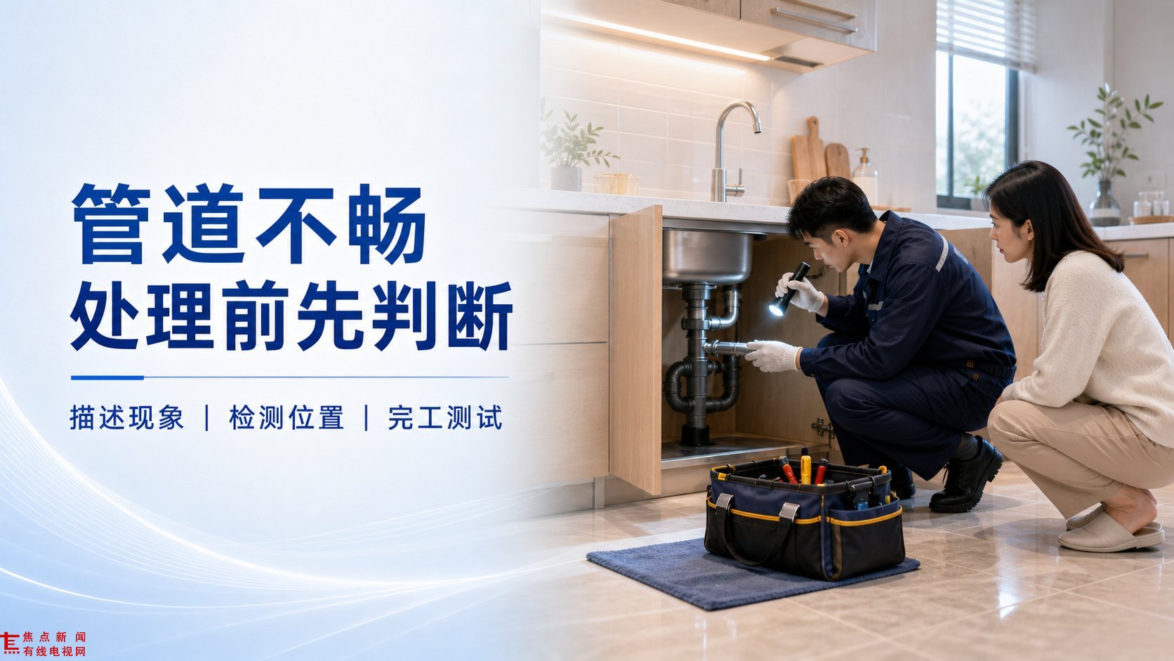 现代厨房场景中，身穿蓝色工装的维修师傅正蹲在水槽柜前，手持手电筒仔细检查下水管道连接处，旁边业主蹲地观看。地面放置着装有各类工具的黑色工具包。画面左侧醒目展示“